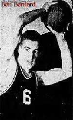 Image of boys basketball player, 1952, on the Cornwall High School Miners (Pennsylvania), with ball held over his head with both hands looking to pass. Uniform #6. From The Lebanon Daily News, Lebanon, Pa., January 26, 1952.