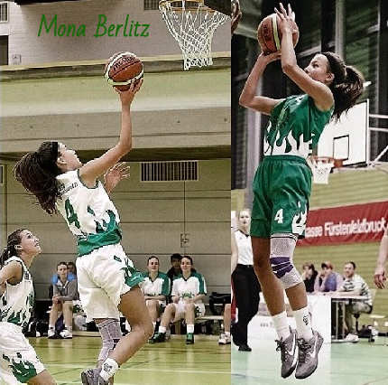 Two images of Mona Berlitz, #4, shooting towards baskt in layup and jump shot, for Schrobenhausen team in the Bayern Bezirksoberliga, in 2016-17. In white uniform and in green unig=form (photo: H. Ehrmeier).