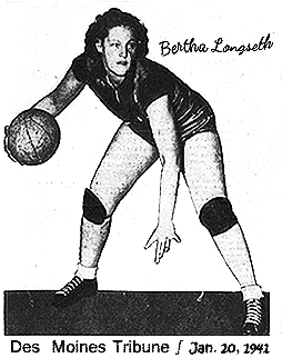 POsed shot of Bertha Longseth, Iowa girls basketball Forwad for Ottosen High School. Bent over and dribbling a basketball. From the January 20, 1941 issue of the Des Moines Tribune, Des Moines, Iowa.