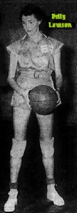Image of girls baketball player for Townsend High in Tennessee, standing with basketball, looking down. From The Knoxville Journal, Marh 22, 1955.