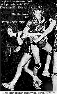 Image of the 1952 girls State tournament championship game on 3/8/1952 showing Betty Jean Paris, Donelson High Donnette and MArtha Lewis of Erin fighting for ball. Final score: Donelson 47-42 over Erin High. From The Tennessean, Nashville, Tenn. newspaper from 3/9/1952.