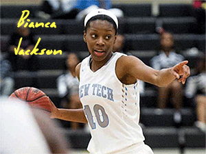 Image of Biana Jackson, Brew Tech (Alabama) girls basketball player, in action shot in white uniform #12, looking to pass the ball.