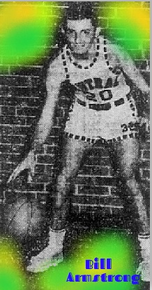 Posed image of a crouching and dribbling boys basketball player, #20, Bill Armstrong, Knoxville Central High School, Tennessee.From The Knoxville Journal, February 20, 1960.