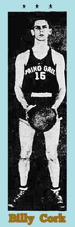 Image of boys basketball player, Billy ZCork, holding a basketball. In a Spring Green uniform #15. From The Capital Times, Madison, Wisconsin, January 21, 1943.