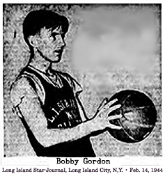 Image of Bobby Gordon, St. Raphael's of Blissville basketball player, Long Island Star-Journal Basketball League, Church Division, posing, in profile, shooting a set-shot towards the right side.