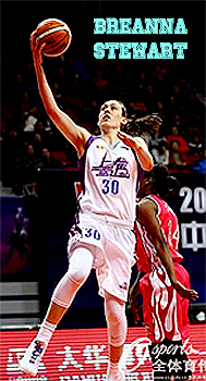 Image of Breanna Stewart, number 30, in her Shanghai uniform in the Women's Chinese basketball Association. Going up for a lay-up.
