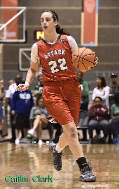 Image of Caitlin Clark, Dowling Catholic High School (Iowa) basketball player dribbling ball upcourt in her red #22 ATTACK uniform.