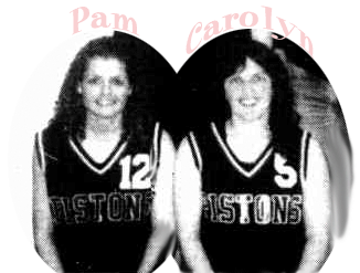 Images from team image in Canberra Times, cropped, of sisters Pam and Carolyn Davis, of Port Elliot Pistons of the Great Southern Amateur Basketball Association, South Australia, uniform numbers 11 and 5.