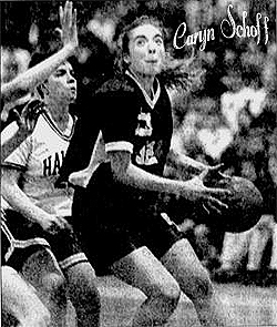 Action photo of St. Johnsville Saint basketball player Caryn Schoff, from The Daily Gazette, Schenectady, New York, September 29, 1994. Bruce Squiers, Gazette Photographer. Text: Senior Caryn Schoff, a career 2,000-point scorer who helped guide St. Johnsville to back-to-back state Class D basketball championships as a sophomore and junior, has made a verbal commitment to attend Syracuse University.