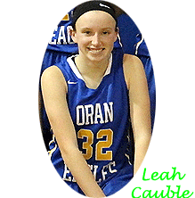 Leah Cauble in blue Oran Eagles girls basketball jersey, number 32.