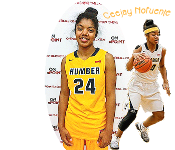 Images of women basketball player, Ceejay Nofuente, of Humber College, number 24. From shorts up, looking ahead in yellow uniform, and dribbling towards our right, in white unform.