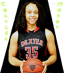 Chaylea Mosby, girls basketball player for Dexter High School, Missouri, posing for picture, holding basketball in front of her, wearing a DEXTER uniform, #35, white outlined red lettering on a black background, with a red collar design.
