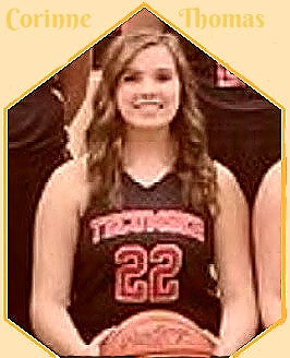 Image of Corinne Thomas, Tecumseh High School (Ohio), from team photo. In uniform #22, with basketball.