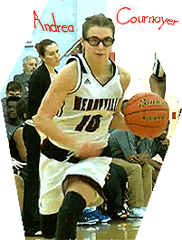 Image of Andrea Cournoyer, girls basketball player for Louisiana's Merryweather High School girls basketball team bringing ball upcourt in white Merryville #10 uniform while wearing protective swimming goggles.