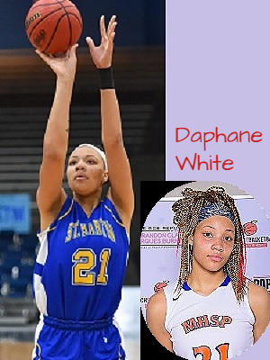 Images of Daphane White, St. Martin High School (Miss.) girls basketball player. Shooting the ball in blue St. Martin uniform and portrait in white MHSP jersey.