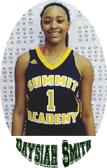 Portrait of Daysiah Smith, girls high school basketball player for Summit Academy, portrait in green uniform, number one, yellow lettering with white trim.