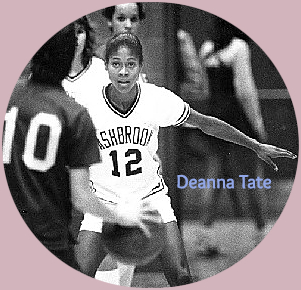 Image of 1983 girls basketball player, Deanna Tate, Ashbrook High school (North Carolina), arms out, in her #12 white uniform, playing defense.