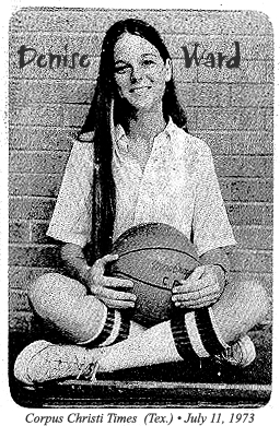 Denise Ward, Calallen basketball player (Texas), sitting in lotus position with basketball getting ready for North-South All-Star GAme. From The Corpus Christi Times, July 11, 1973.