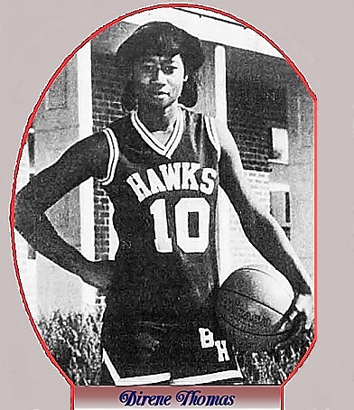 Image of Direne Thomas, girls basketball player, 1986-87, for Blackville-Hilda High in South Carolina, outside in dark uniform reading HAWKS, number 10, with right hand on hip, left hand with basketball against leg. From The Greenville News, Greenville, South Carolina, January 11, 1987. Staff photographer Fred Rollison.