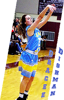 Gracee Dishman, Cumberland County Lady Jet girls basketball player in Tennessee. Shooting a jump shot to our right, in a powder blue uniform.
