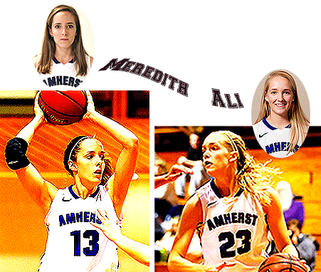 Images of Meredith (#13) and Ali Doswell (#23), twin sisters and basketball players for Amherst College women's basketball team. Meredith with basketball over head looking to pass, and Ali driving with the basketball, both in white uniforms. Also portrait shots of both.