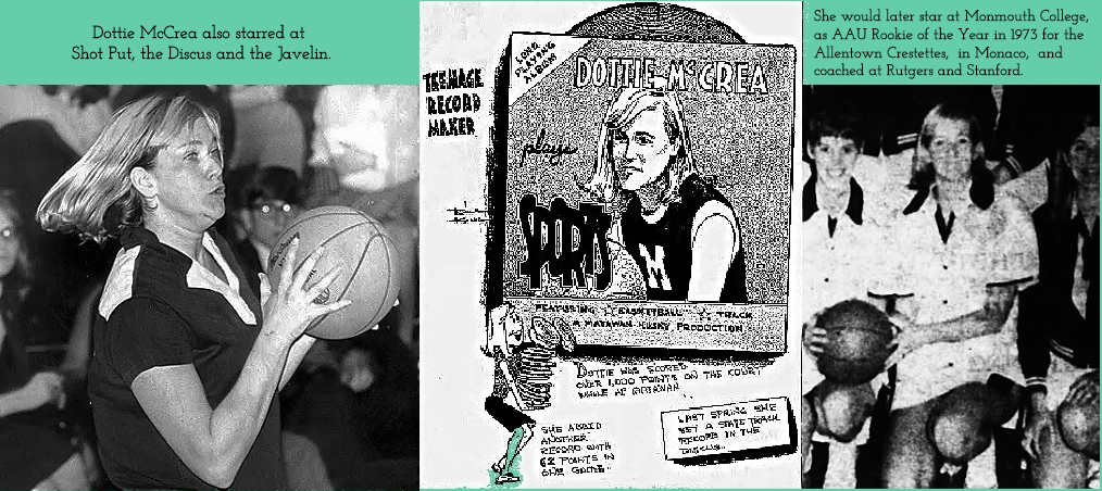 Images of Dottie McCrea, girls basketball player, 1968, on the Matawan Regional High School team, Shown shooting to the right and kneeling from a team photo. As well as an artist sketch by Bill King, reading Teenage Record Maker, with her image on a vinyl record cover, Long Playing Album, featuring Basketball, Football/A Matawan Husky Production.' Also: She added another record with 62 points in one game,/Dottie has scored over 1,000 points on the court while at Matawan (and later the same at Monmouth College)/Last Spring she set a state track record in the discus. The drawing is from the Asbury Park Press, 1/31/1968, Asbury Park, N.J.. The team photo was from The Keyport Weekly, Keyport, N.J., 1/18/1968. The shot o her shooting a basket is from The Asbury PArk Press, 1/16/1968. Other text added states that Dottie McRea also starred at shot put, discus and the javelin/She would later star at Monmouth College, as AAU Rookie of the Year in 1973 for the Allentown Crestettes, in Monaco, and coached at Rutgers and Stanford.