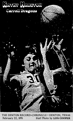 Action shot of Carroll Dragon basketball star, Kathy Harston, passing the basketball in the February 22, 1976 Texas Class A Region II tournament championship game, which Carroll lost in an upset to the Archer City Archerettes, 78 to 74. From The Denton Record-Chronicle, Denton, Texas, February 22, 1976 Staff photo by Lon Cooper