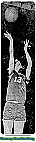 Image of Nancy Easterling, Mississippi girls basketball player for the Petal High Petals, in 1968. Wearing #13- in air, shooting a jump shot with ball in air; from the Hattiesburg American, December 3, 1969.
