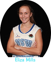 Eliza Mills, MSW Country women basketball team player, with arms crossed, in white uniform with blue lettering.