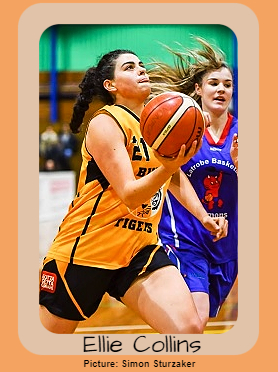 Image of Australian women's basketball player, Ellie Collins, in her yellow Burnie Tigers uniform, number 21, with black shorts, going up for a shot with her tongue out. Picture: Simon Sturzaker.