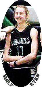 Image of Kansas girls basketball player, Emily Ryan, clipped from team photo. In blue uniform, number 11, with OILERS on front, white outline characters trimmed by white, on blue uniform. Arms crossed.