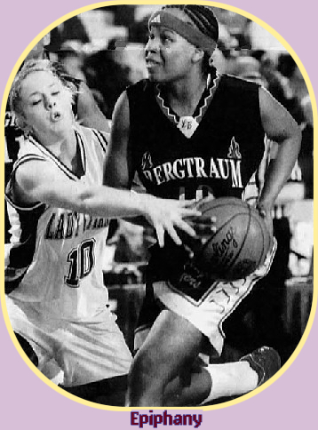 Photo (AP) of Bertraum High Schools Epithany Bergtraum in game where she scored 113 points. Shown driving to the basket. From the Dayton Daily News, February 3, 2006.