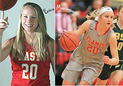 Images of Erica Martinsen, Williamsville East High basketball player, number 20, in red EAST uniform spinning ball on finger & in red on grey FLAMES uniform driving ball upcourt.