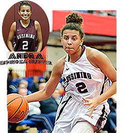 Images of Andra Espinoza-Hunter, Ossining High School (N.Y.) girl's basketball player, #2. With bun atop head, dribbling ball in white uniform and portrait, mid-section up, in red uniform.