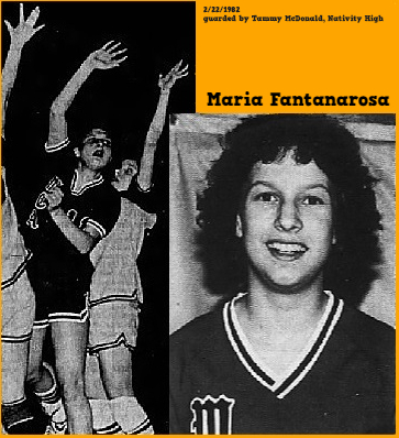 Two images of Maria Fantanarosa, Mount Carmel High School (Pennsylvania) girls basketball player. Both from the Pottsville Republican. A portrait in a jersey with a gothic 'M' from February 20, 1982 and an action shot from a 2/11/1982 game against Nativity High, shooting a hook shot over Tammy McDonald, from same newspaper, Feb. 12, 1982.