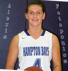 Portrait of Alexis Fotopoulis, Hampton Bays High School Baymen girls basketball player, number 4. White uniform with blue letters, holding basketball.