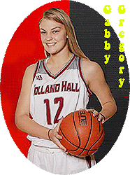 Gabby Gregory, Holland Hall High  posing with basketball, wearing #12 gray and white uniform.