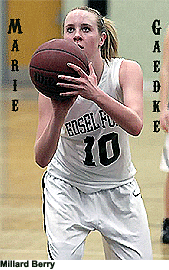Marie Gaedke, girls basketball player for Michigan high school Dearborn Edsel Ford, shooting a foul shot in white uniform, #10. Photo by Mildred Berry.