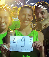 Giulia De Cristofaro, female basketball player, following 49 point game in the Binzago Tournament, 2014, holding up sign proclaiming achievement.