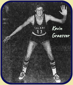 Image of boys basketball player, Kevin Graesser, Colome High School South Dakota, posing in #11 uniform, in defensive position. From The Rapid City Journal, Rapid City, South DAkota, January 28, 1979.