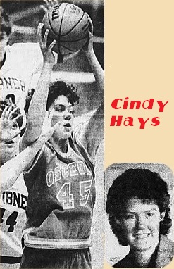Action shot of Cindy Hays, Osceola girls basketball player, uniform mumber 45, in 3/7/1987 game. Photo by Harald Dreimanis, from the Lincoln Journal, Lincoln, Nebraska, March 7, 1987. This game was the Class C-2 girls championship game, Osceola beat Scribner High, 44-40.