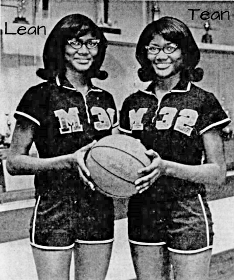 Image from The Jackson Sun, Jackson, Tennessee, Feb. 23, 1968 picturing identical twin sisters Lean and Tean Hegmon, in uniforms of their Merry High Hornettes basketball team. Both holding basketball. Uniforms have big M and uniform number on front.