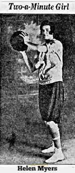 Full body image, in full uniform, of girls basketball player in 1927. Full uniform with bloomers. Facing to her right, holding ball up with two hands. West New York High School, Pennsylvania. From The Evening News, Harrisburg, Penn., 2/17/1927.