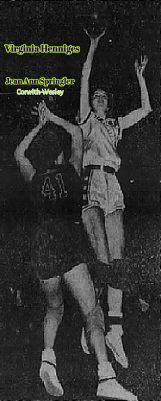 Girls basketball player for Maynard West Central High in Iowa, in the air shooting over  Jean Ann Springer of Corwith-Wesley HS, #41, in the March 10th Tournament game where she scored 51 points on March 10, 1959. From The Des Mooines Register, 3/11/59.