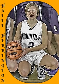 Image of girls basketball player of Halle Herrington, Philipsburg-Osceola High School (Pennsylvania), posing in team photo (cropped). In MOUNTIES uniform, number 2, on one knee holding basketball.