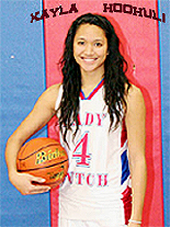 Image of Kayla Hoohuli, St. Mary's girl's basketball player in Pennsylvania, 2010. Facing forward, basketball at hip, in white uniform with red lettering reading Lady Dutch and number 4.