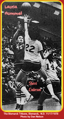 Image of North Dakota girls high school basketball player, #45 for Hague High, shooting over Sherri Enderson, of Sargent Central. This is the playoff game where Hummel scored 46 points, on 11/16, 1978. From The Bismarck Tribune, Bismarck, North Dakota, November 17, 1978. Photo by Dan Nelson. 