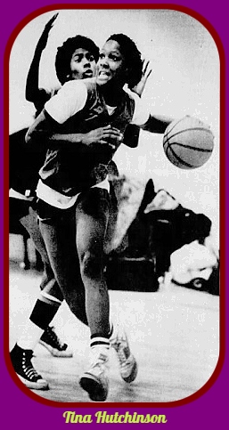 Action image of girls basketball player, Tina Hutchinson, driving around a teammate in practice. From the St. Louis Post-Dispatch, March 20, 1983. Photo by Karen Elshout.
