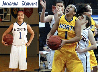 Pictures of Jacionna Stowers, Davenport North High School (Iowa). Posing in white uniform, with basketball, and in action shot, going up for a shot in a crowd, in a yellow uniform. Both read North and have number one (#1), on the front.