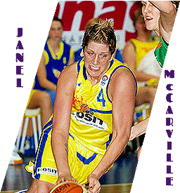 Image of Janel McCarville, playing for Kosit in the Slovakian female extraliga, in yellow uniform, number 4, dribbling basketball in game action, 2008.